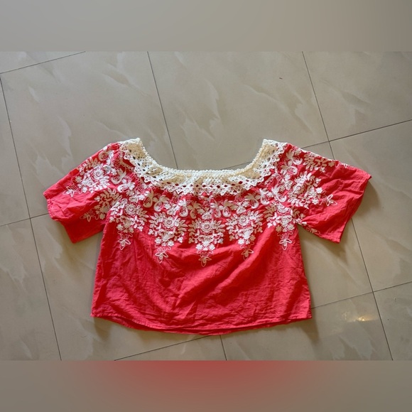 Flying Tomato Summer Tropical floral crochet orange White top plus Size 2X - Picture 7 of 16